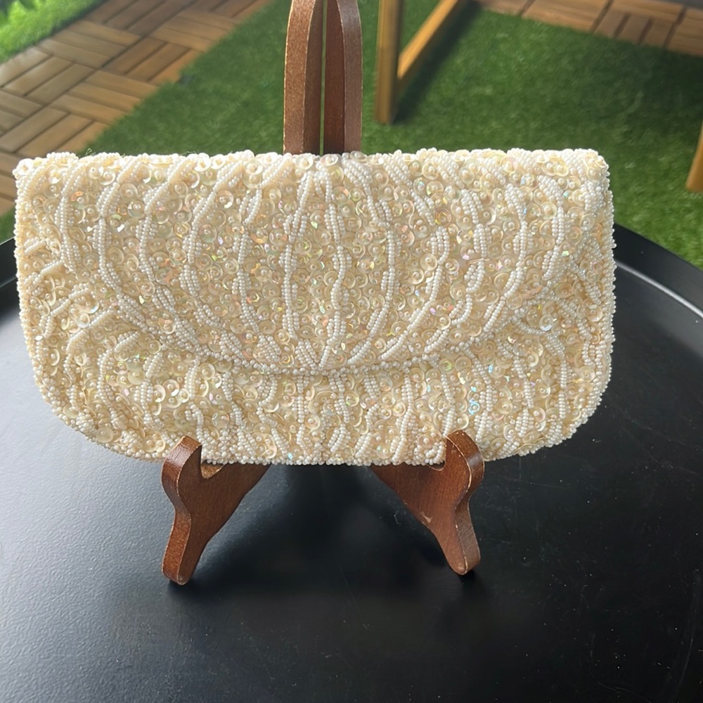 Richere sequence beaded, clutch,purse, bag, Off-White. 19” length & 4 1/2” wide